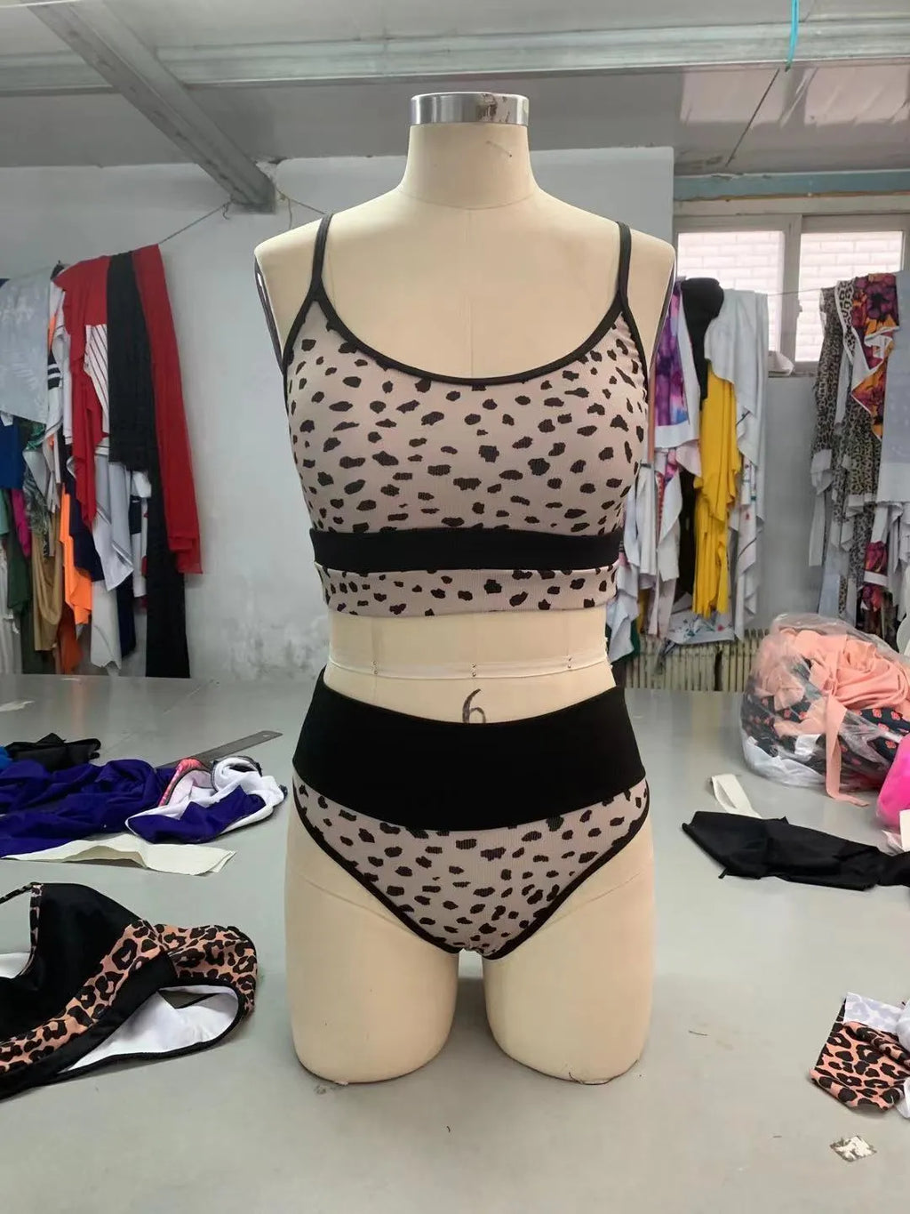 Women's high waist split bikini swimsuit in leopard print or white nylon fabric