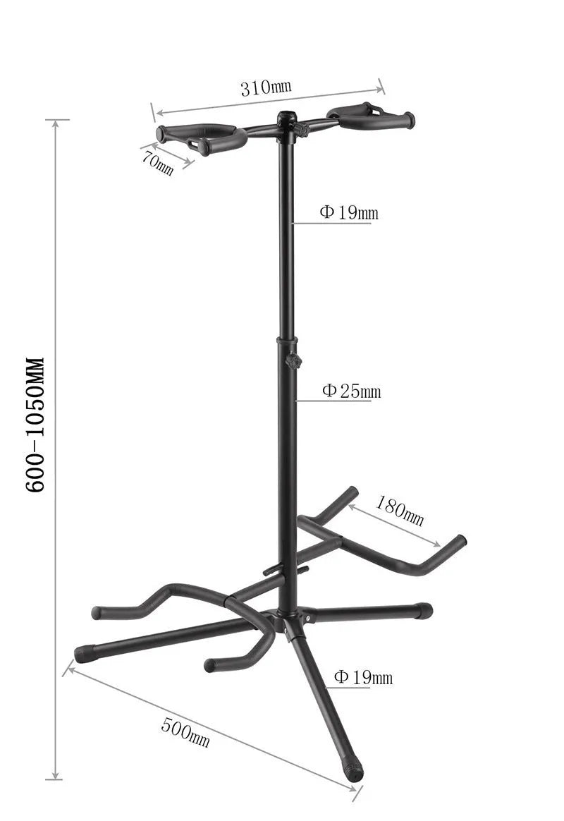Black vertical double-headed adjustable iron guitar stand on a tripod base.