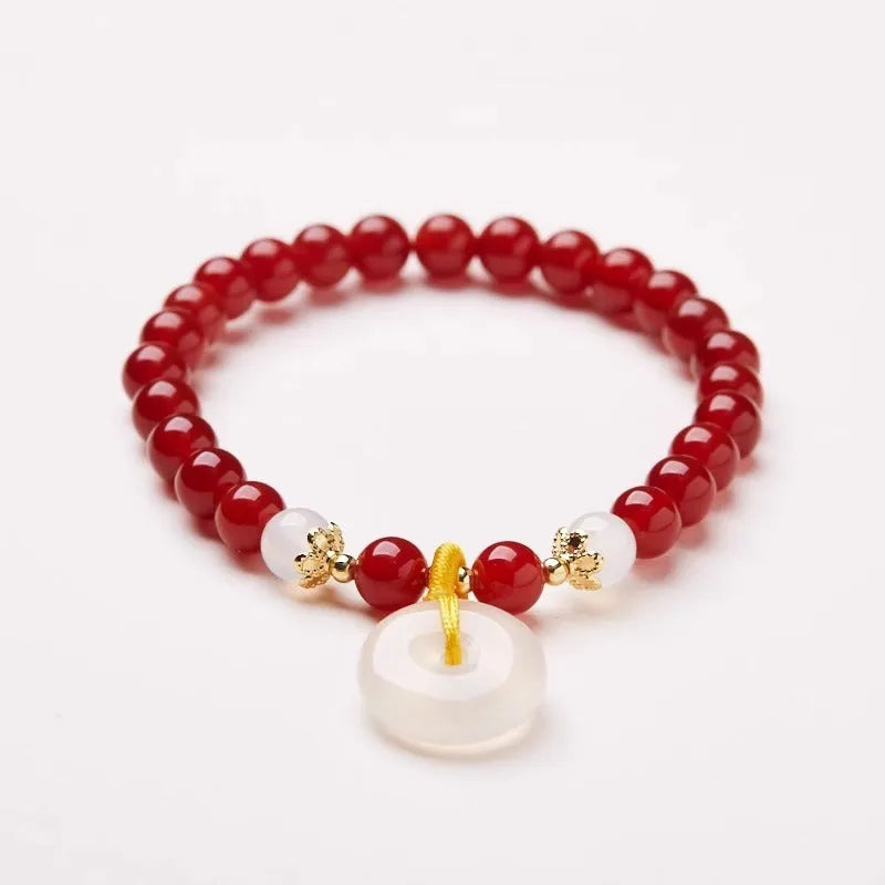 Natural Jinsi Jade safety buckle bracelet with red agate and emerald beads
