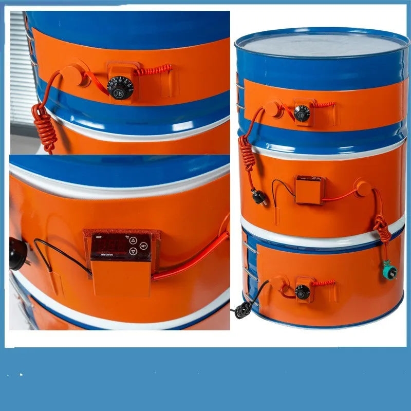 Silicone rubber heating belt wrapped around 200-litre oil drum with control interface