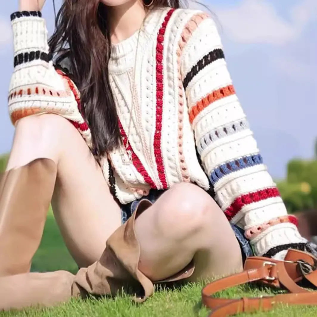 Rainbow striped hollow pattern sweater with batwing sleeves in loose Japanese Korean casual style
