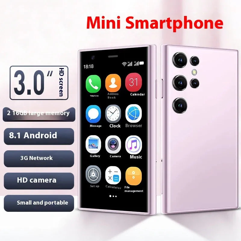 S23PRO XS15 mini smartphone in black, green, or pink purple with a 3-inch screen on a straight plate design.