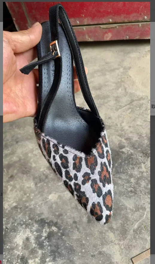 Women's leopard print suede sandals with scattered pointed toe design on size display