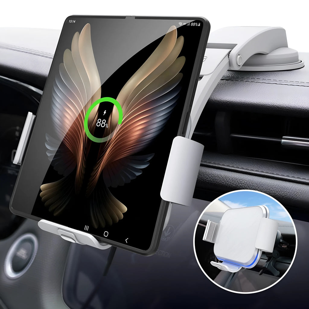 Grey and white folding screen wireless charging mobile phone holder with car air vent clip and suction cup mount.