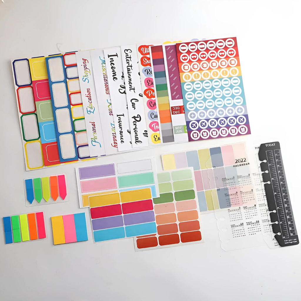 Handwritten German adhesive stickers in white colour showing grid configurations and colour sticky note options