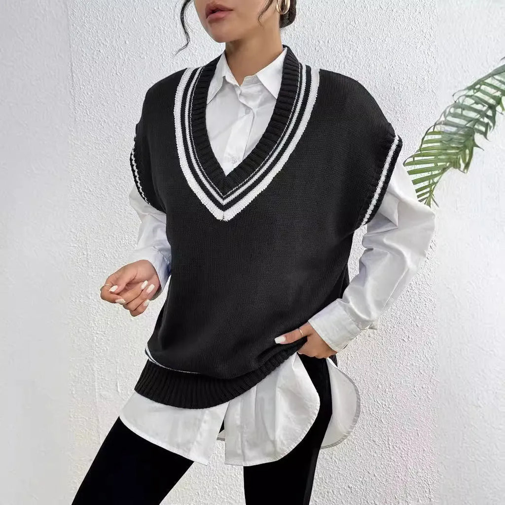Women's loose fit college style wool vest sweater in blue, laid flat.
