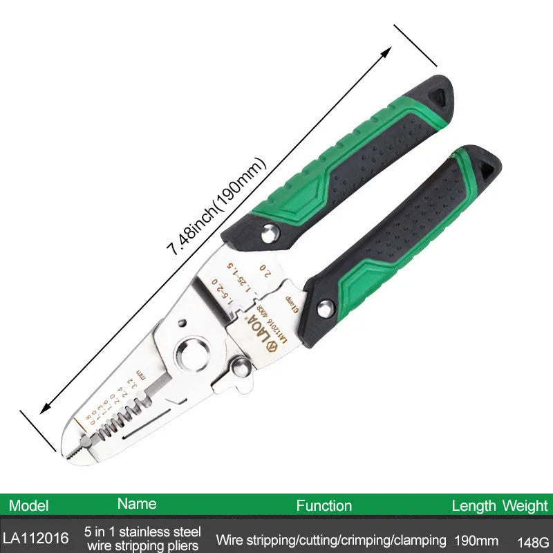 Stainless steel 7-in-1 wire stripper and crimping tool with two-colour handle for 0.8-3.2mm cables.