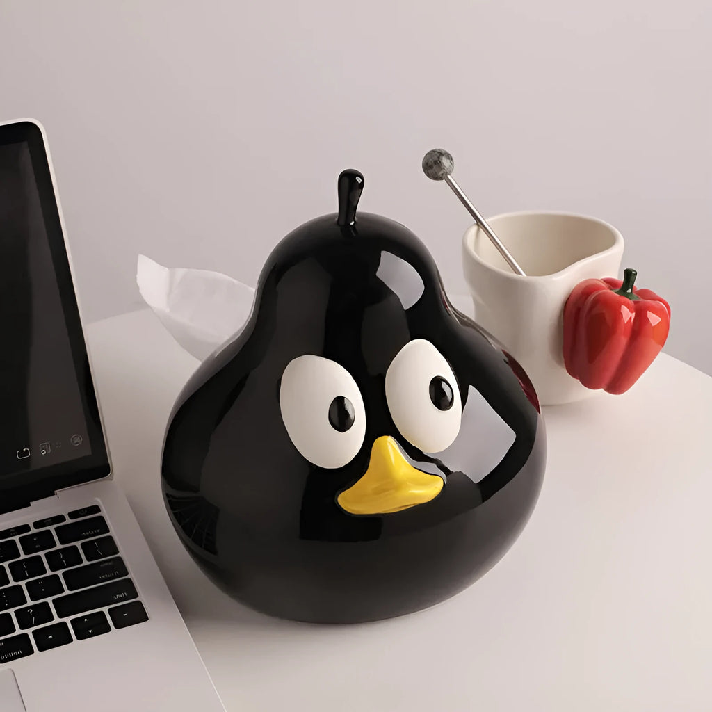 Cute pear-shaped ceramic tissue box in white porcelain with animal design, available in green or black colours