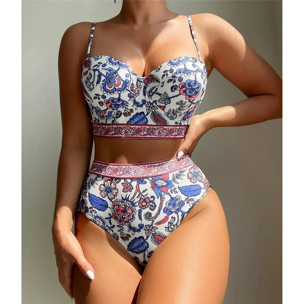 Blue women's high waist push-up bikini swimsuit on hanger