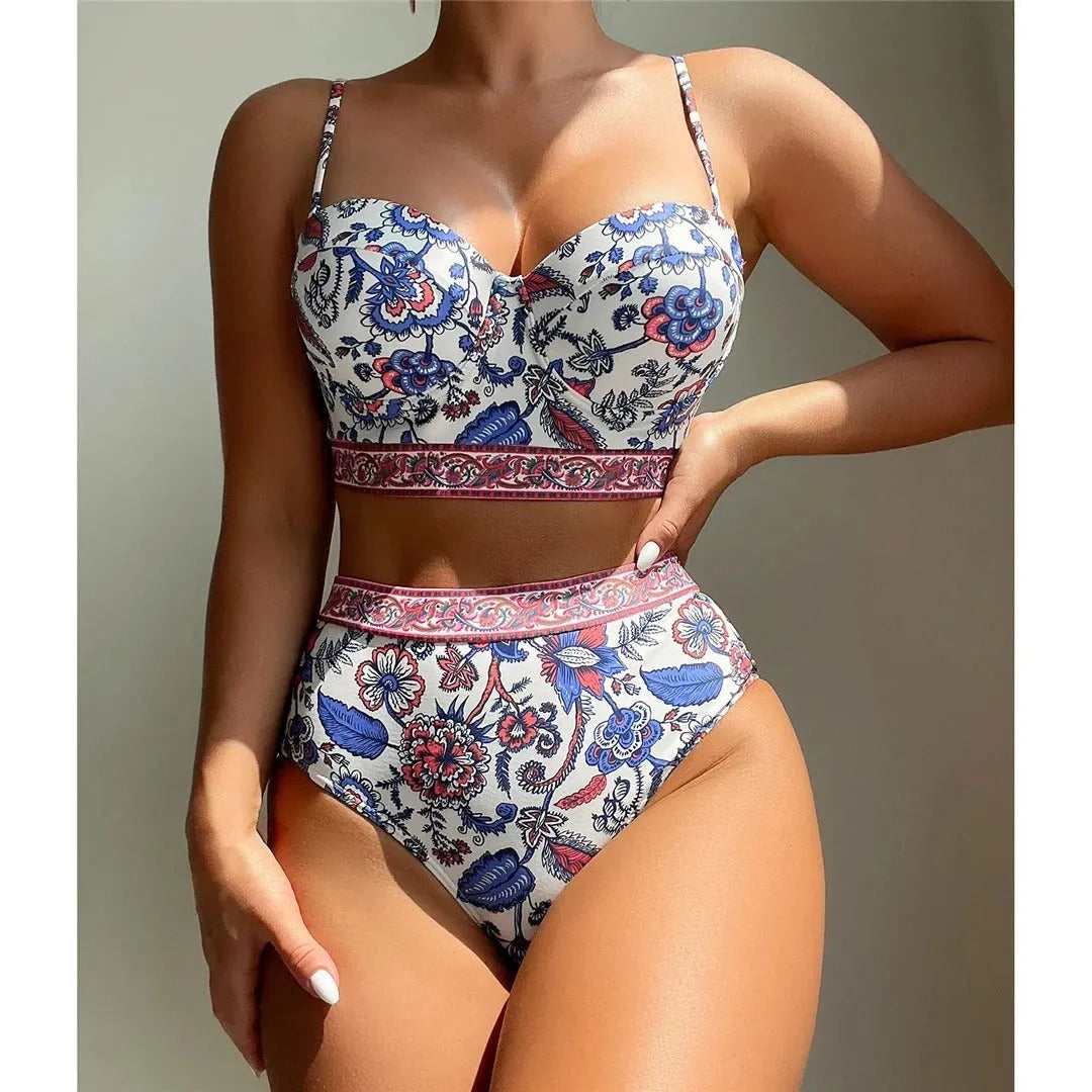 Blue women's high waist push-up bikini swimsuit on hanger