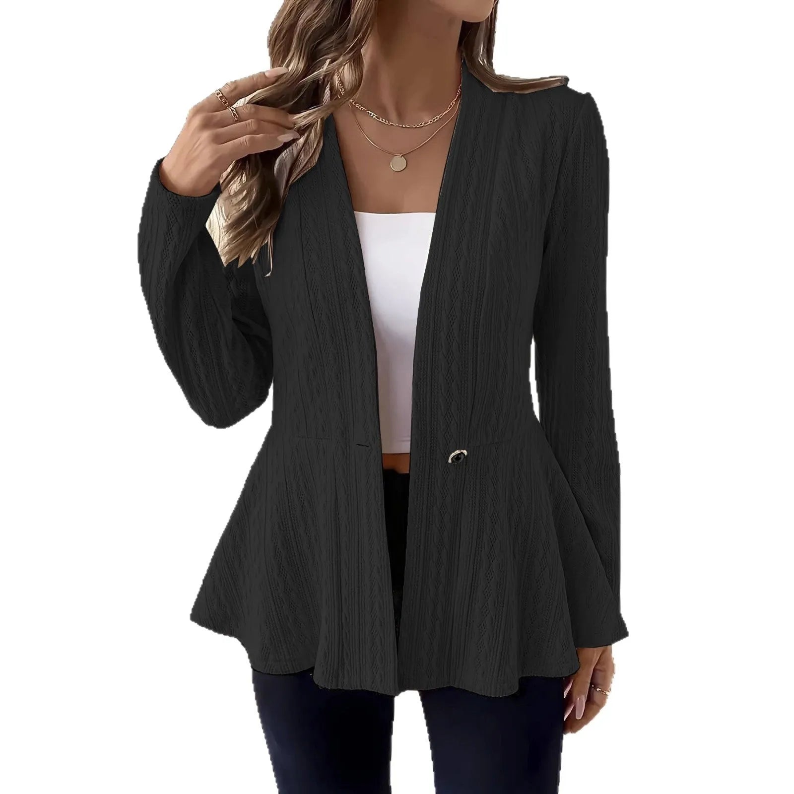 Women's apricot Jacquard pattern knitted cardigan with one button closure