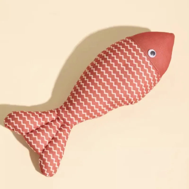 Red, yellow, and blue catnip-filled fish toys in large and medium sizes on a white background.