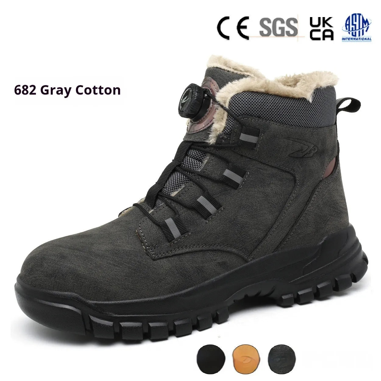 Leather and rubber anti-smashing puncture safety shoes in black, shown in a work environment.