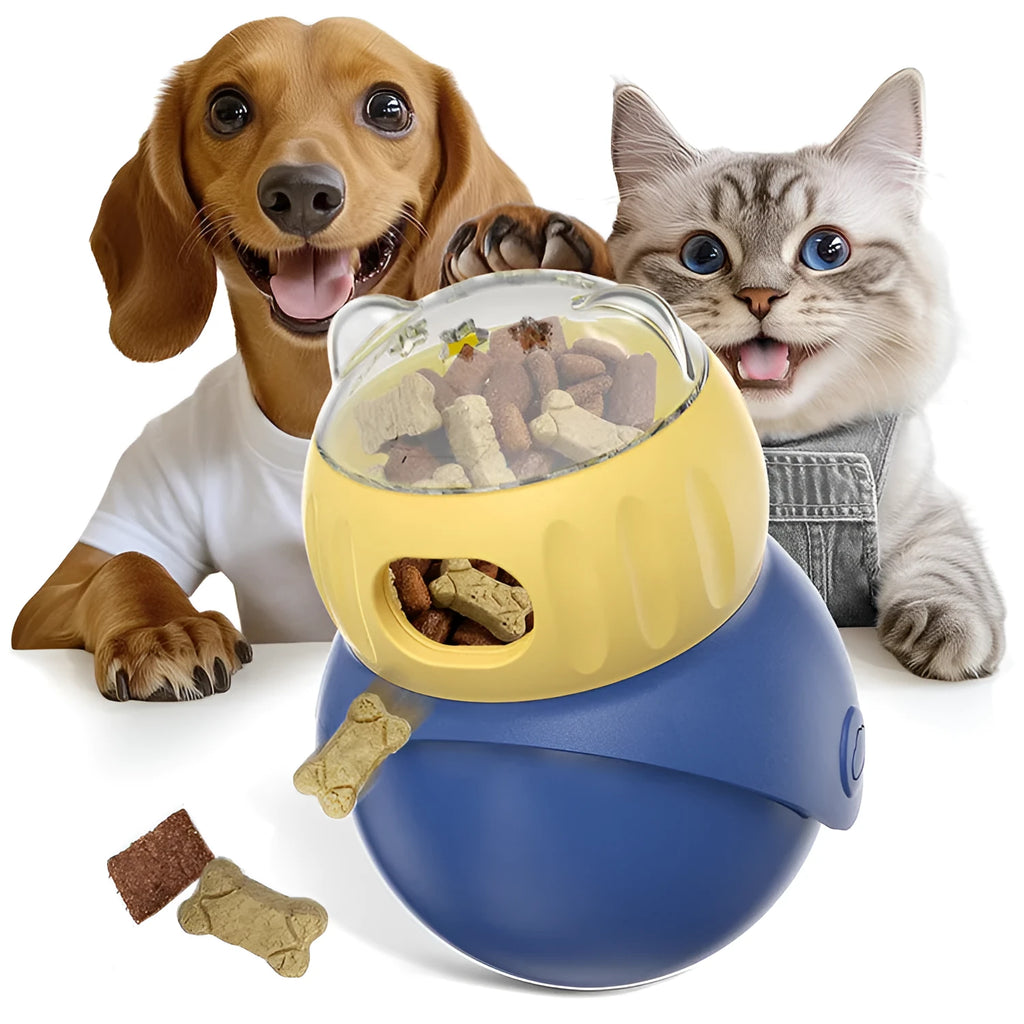 Morandi yellow and blue plastic Tumbler Owl cat puzzle toy with food dispensing mechanism