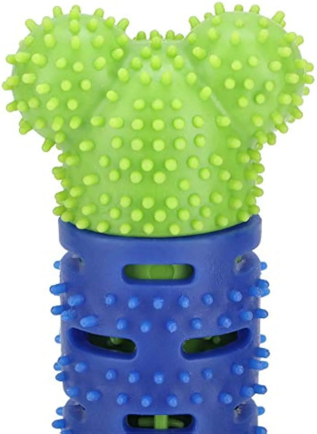 Blue and green dog dental cleaning stick with silicone nodules and serrated brush head design