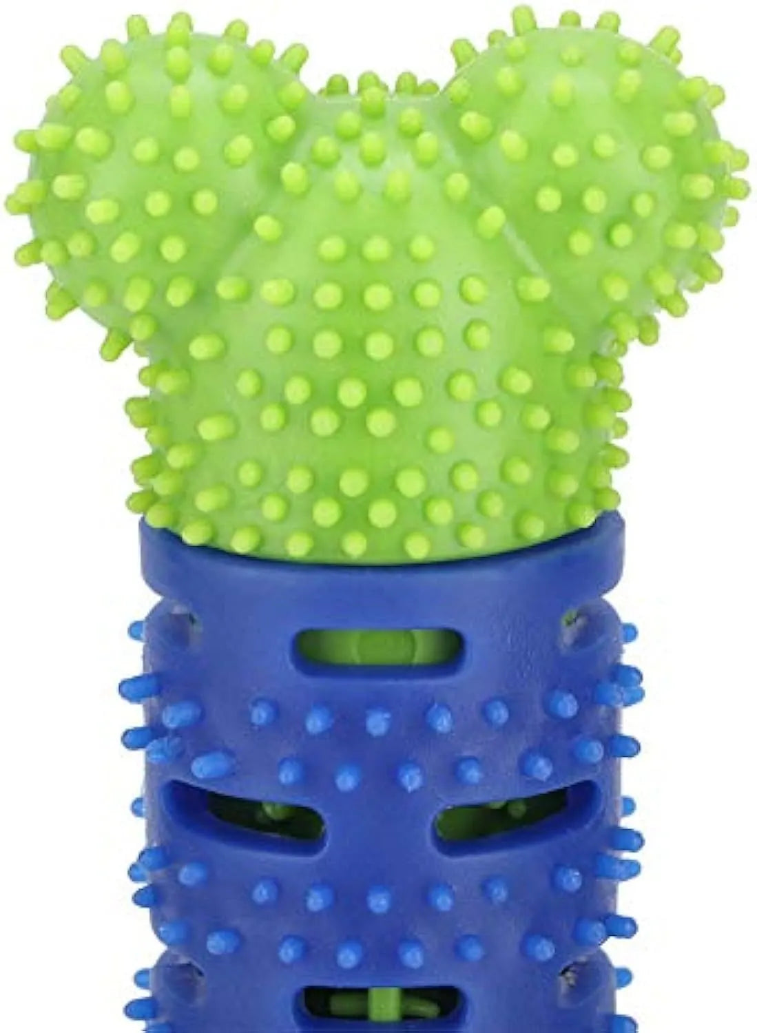 Blue and green dog dental cleaning stick with silicone nodules and serrated brush head design
