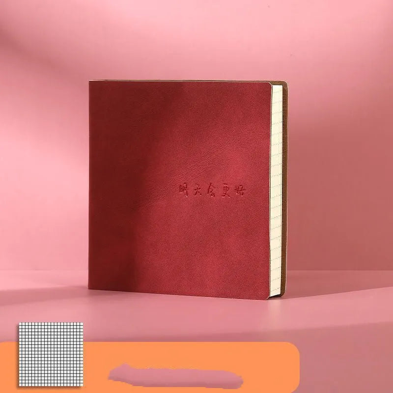 Square faux leather notebook with mesh surface in avocado green colour showing French fold binding