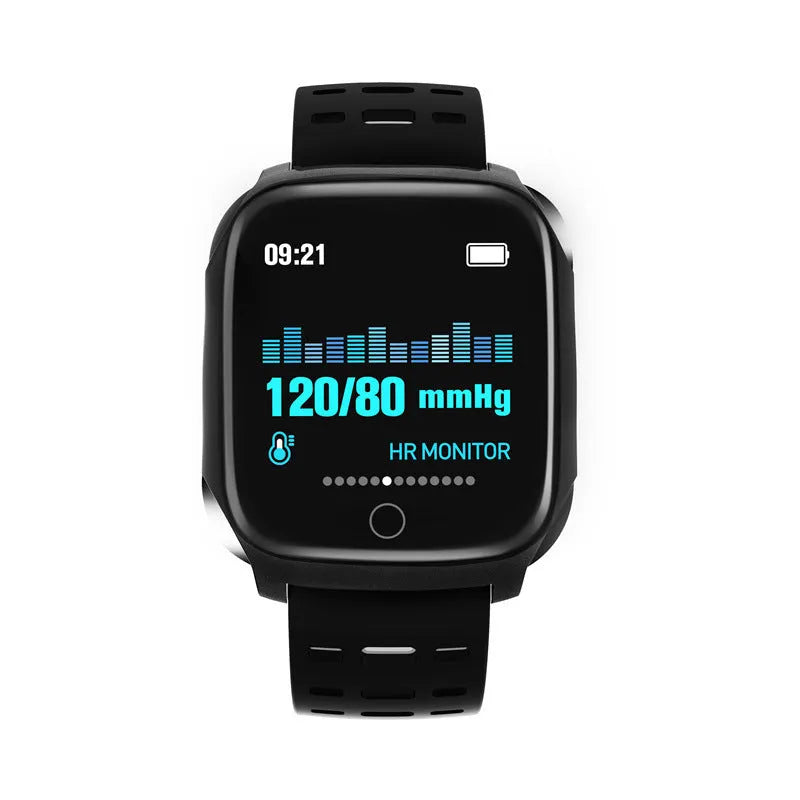 F16 Smart Watch with ECG monitor on a silicone strap, showing the 43mm IPS touchscreen display.