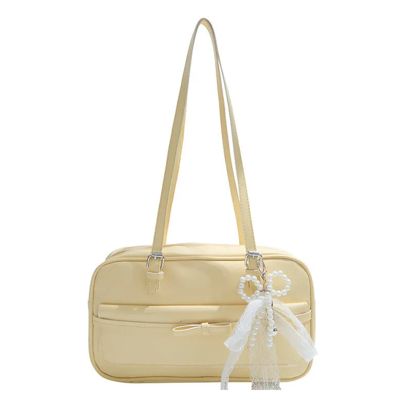 PU leather single-shoulder flap bag in horizontal square shape with double joint straps