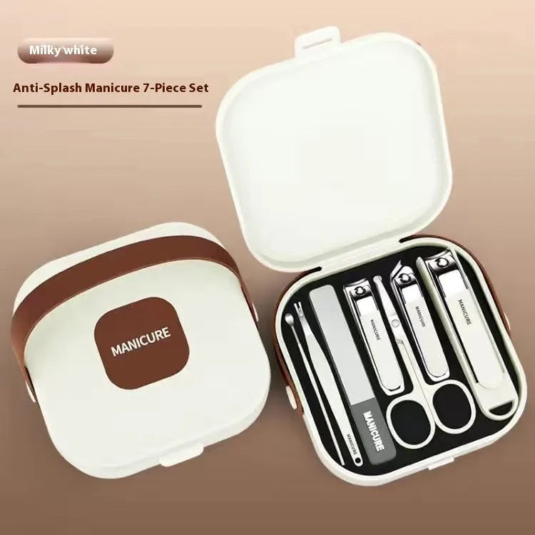 Anti-splash portable household fingernail maintenance kit showing multiple nail tools in brown, white and green colours