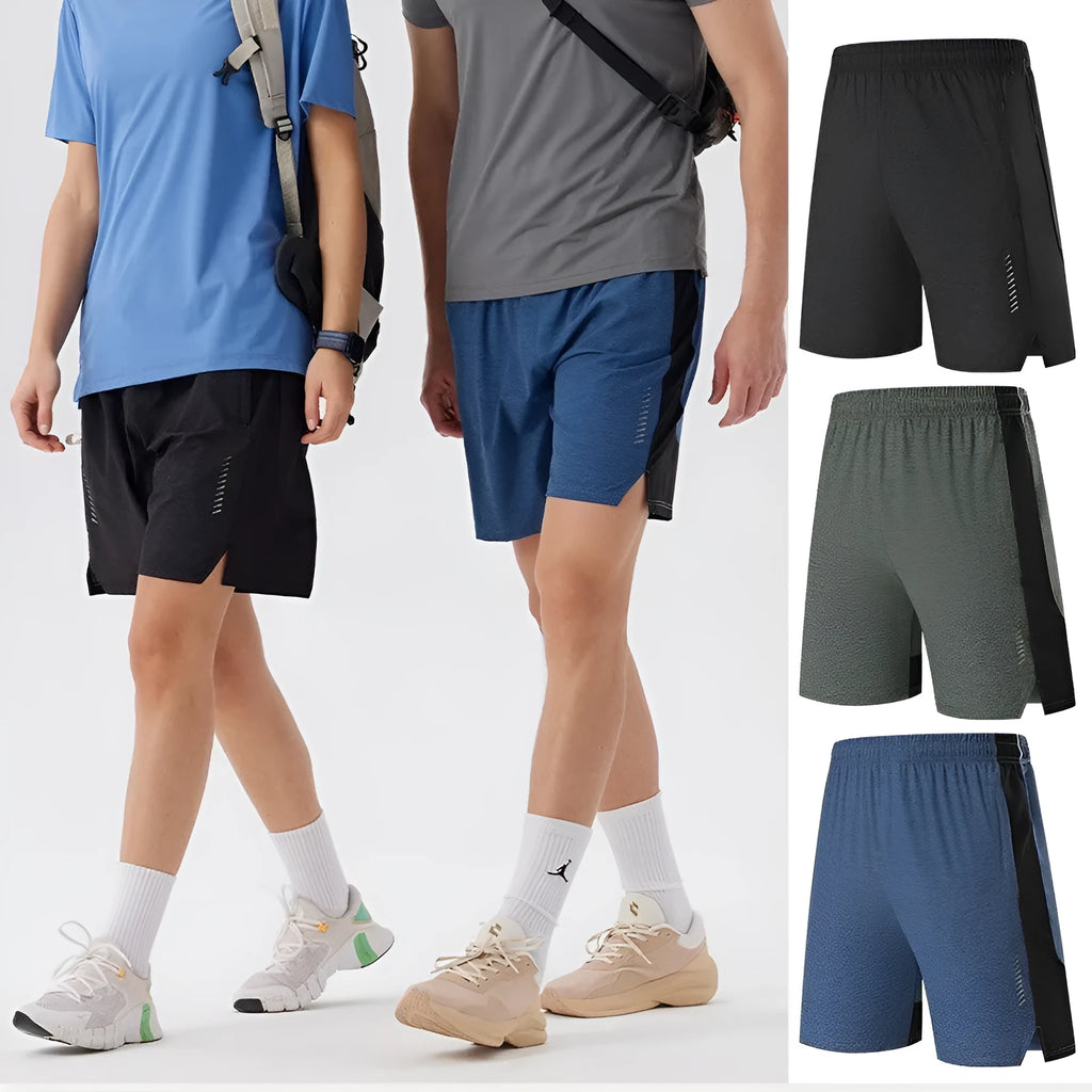Men's casual five-point shorts in spandex fabric shown in black, cosmic blue, and forest green.