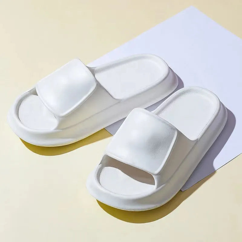 Thick-soled EVA flip-flop slippers in various colours on a white background.
