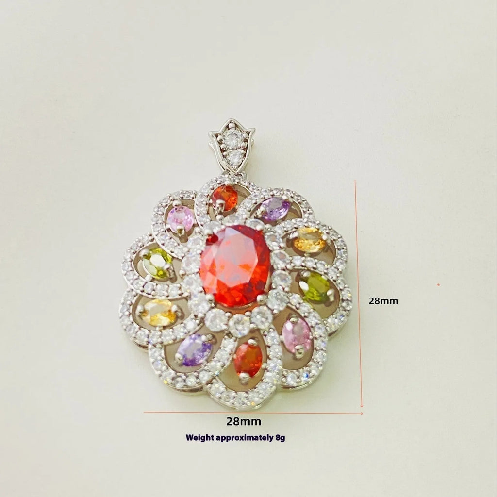 Close-up of a women's floral-shaped zircon pendant necklace in a gold electroplated finish.
