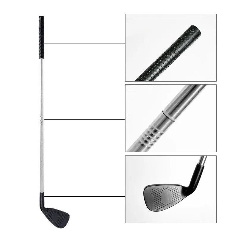 Metal golf club set showing adult and children's sizes for outdoor practice and recreational sports