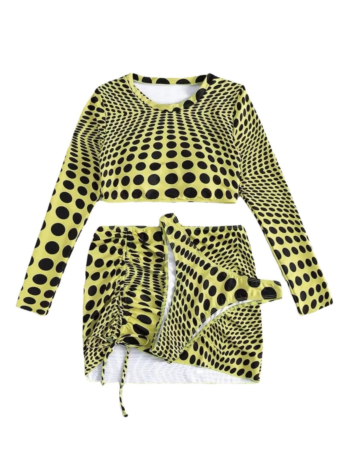 Women's green and yellow polka dot polyester swimsuit three-piece set showing top, skirt, and bra.