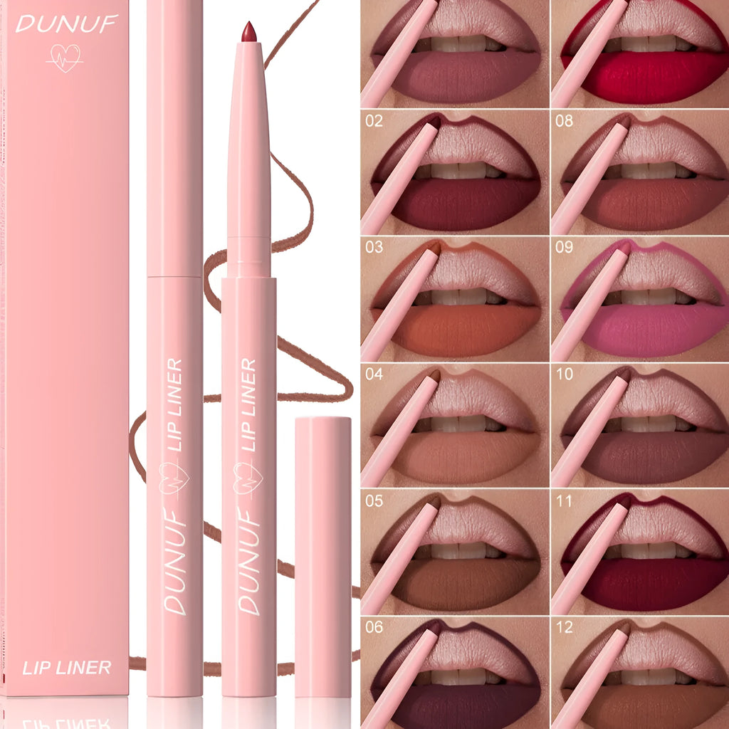 Set of 12 velvet matte lip liner pencils in a range of colours for easy application and definition.