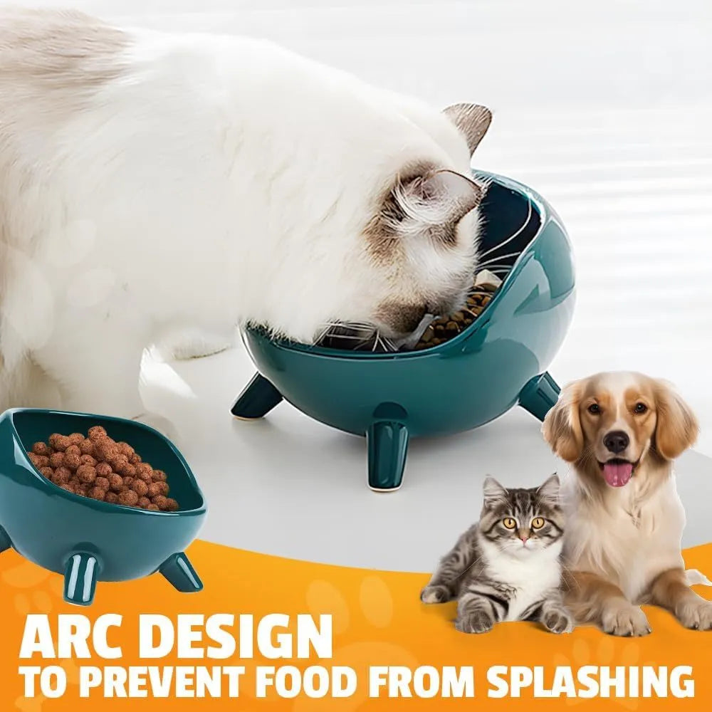Green ceramic pet food bowl with four legs and a wide, rounded opening.