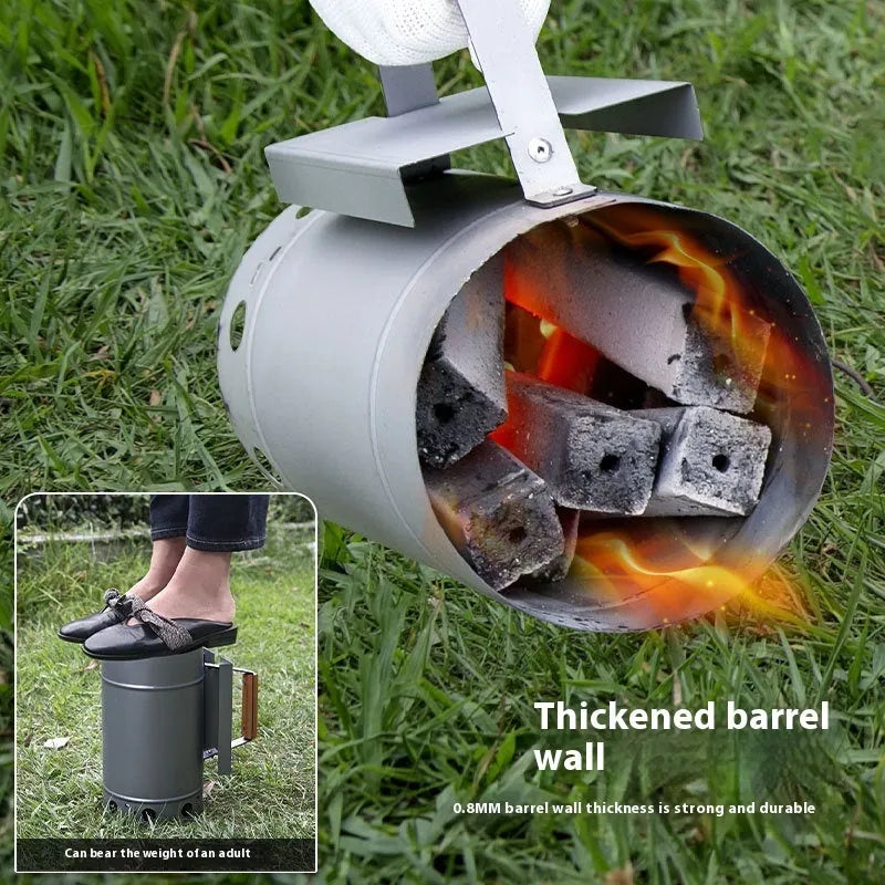 Outdoor charcoal fire igniter with zinc-iron alloy construction and carbon bucket style