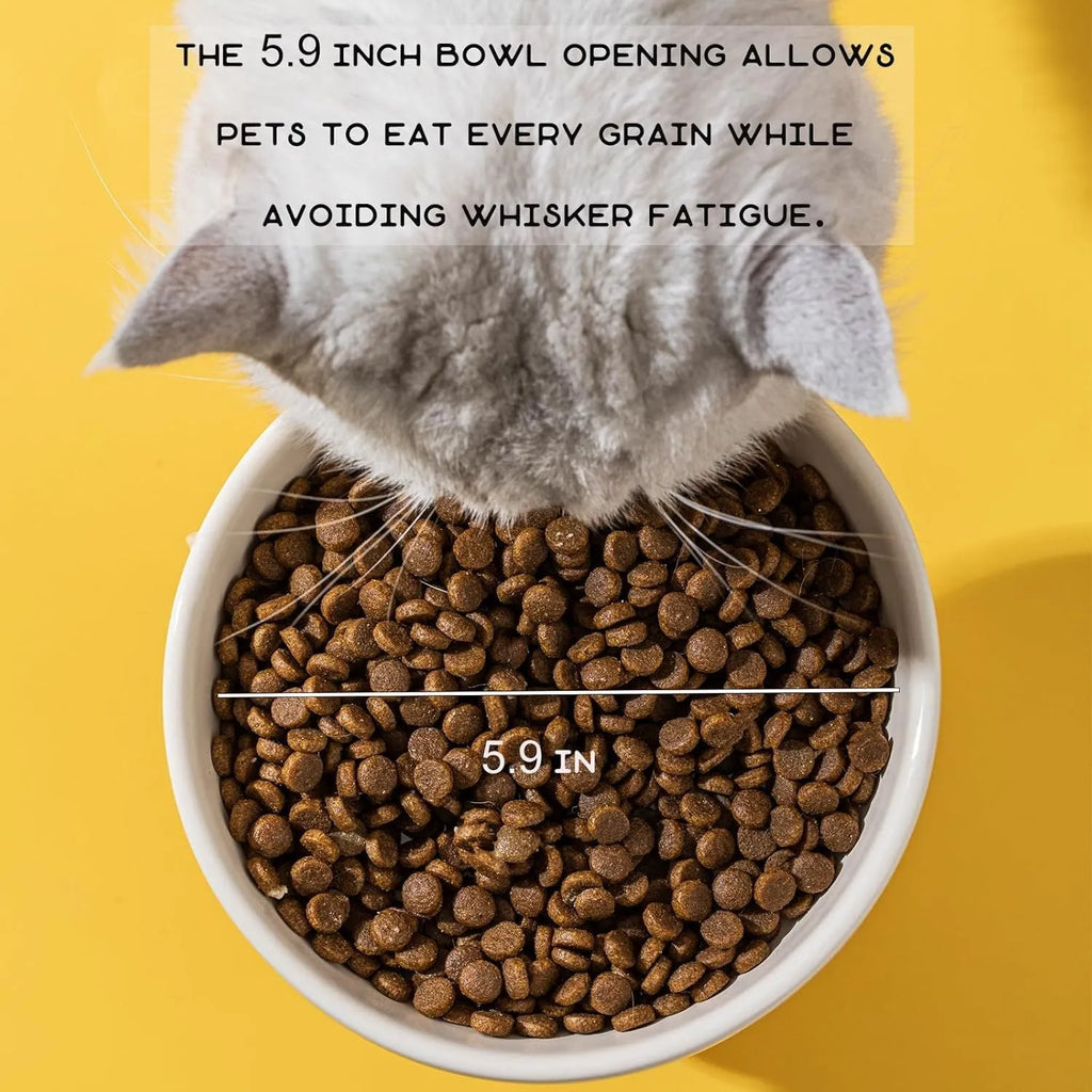 Raised ceramic cat food bowl in animal theme design, showing 12.5cm height and 15cm width.