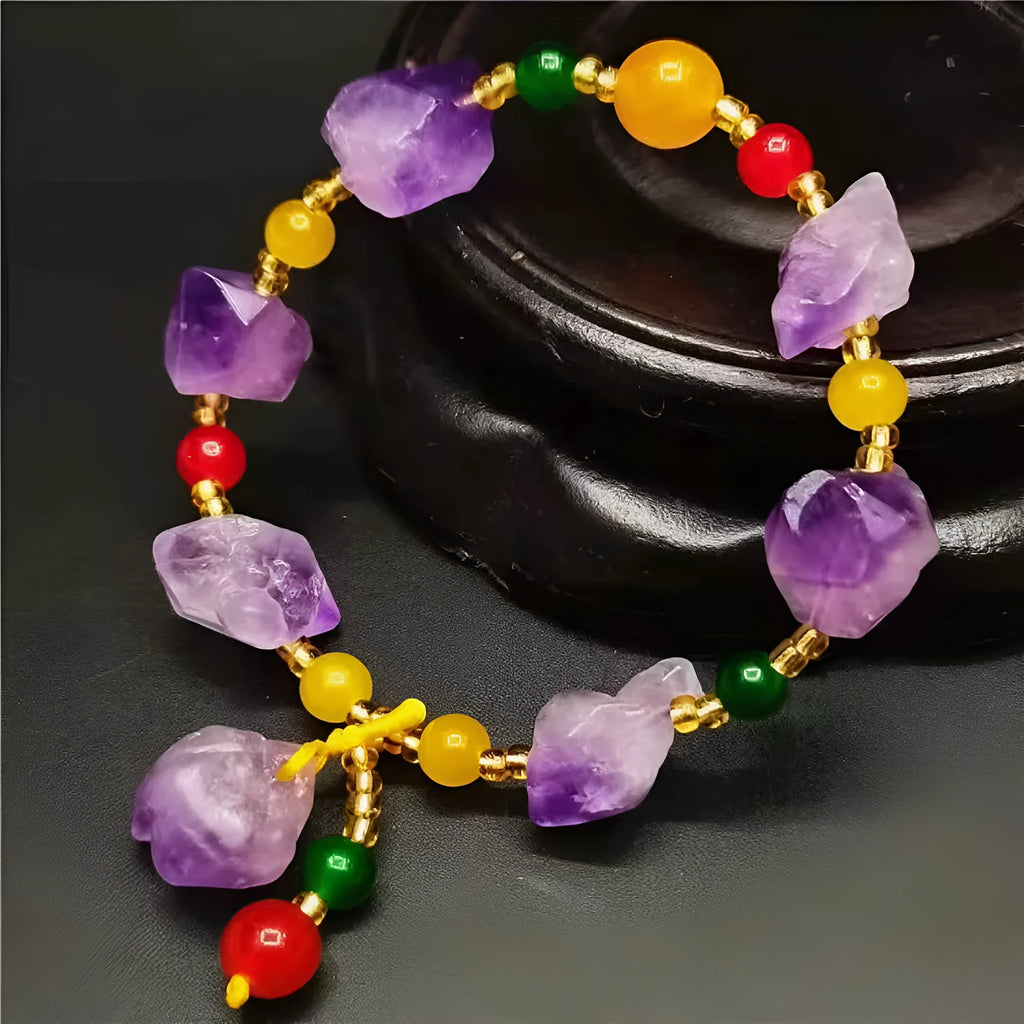 Natural shaped amethyst bead bracelet with fu character charm for women's romantic jewellery