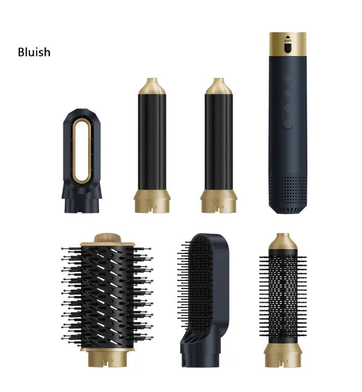 White and dark blue electric hot air styling comb with multiple attachments in leather case