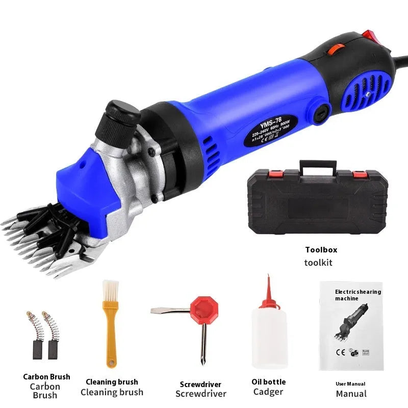 Yellow-handled electric sheep shears with blades and accessories inside a plastic storage box.