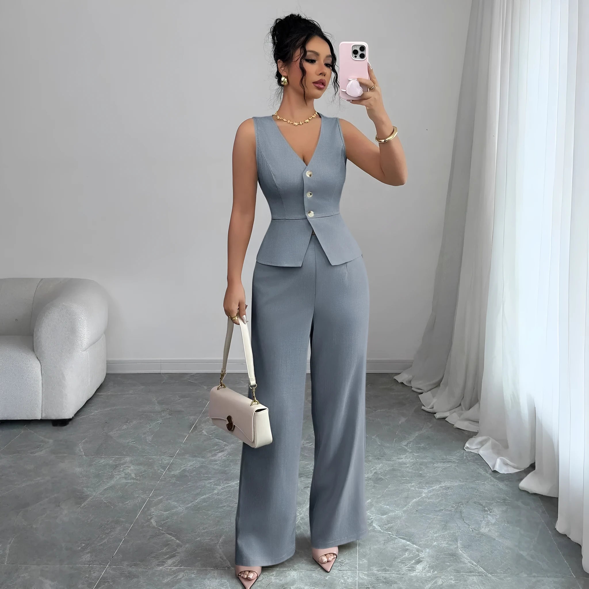 Japanese Korean style women's two-piece set with sleeveless vest and high waist trousers in solid colours