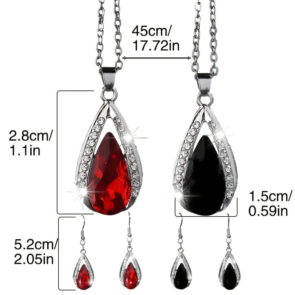 Black and red teardrop glass pendant necklace and matching earrings set