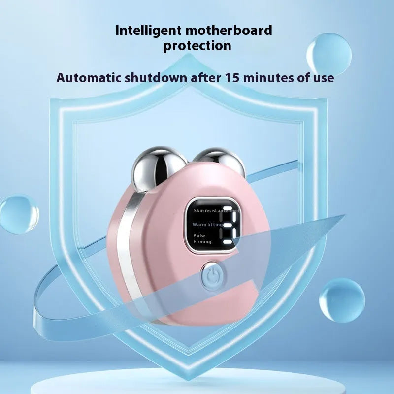Portable white handheld facial massager with dual rollers and hot compress function on a pink background