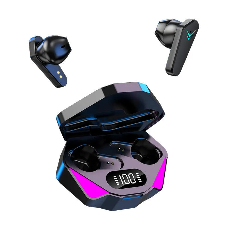 X15 wireless in-ear Bluetooth gaming headset in charging case with earbuds shown.