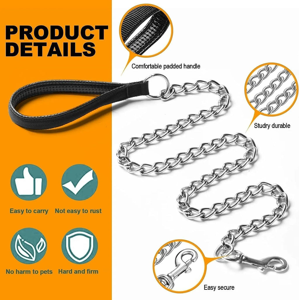 Heavy duty metal dog leash chain with soft padded handle in black colour