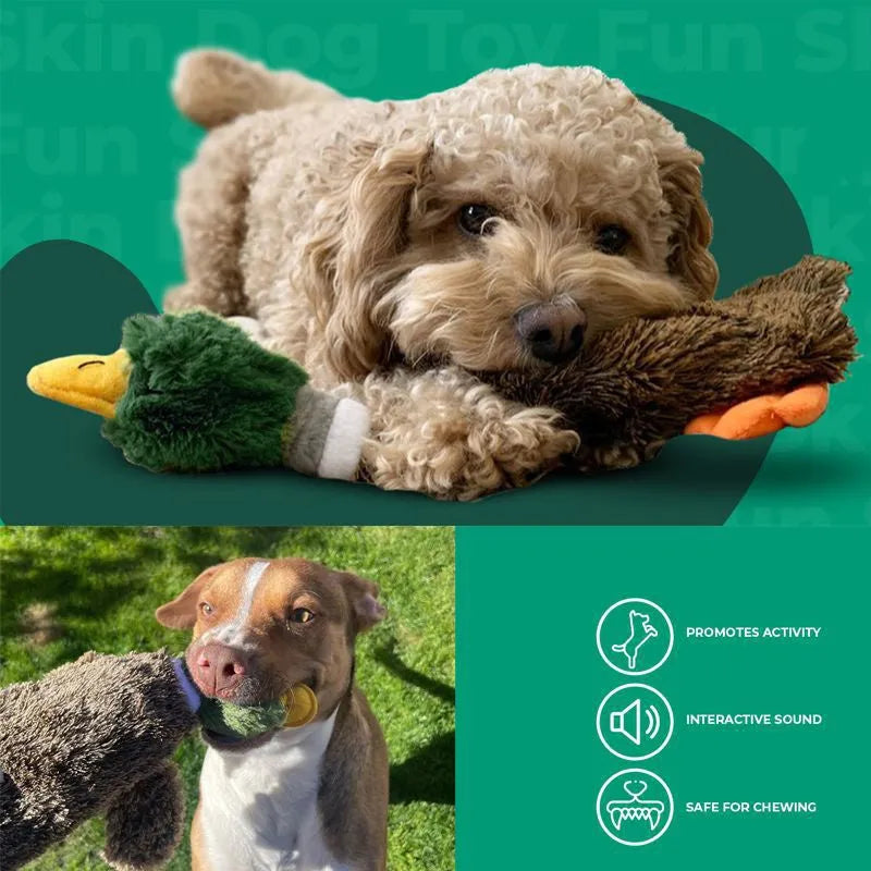 Green wild duck stuffless squeaky dog toy with a fabric loop and soft plush material.