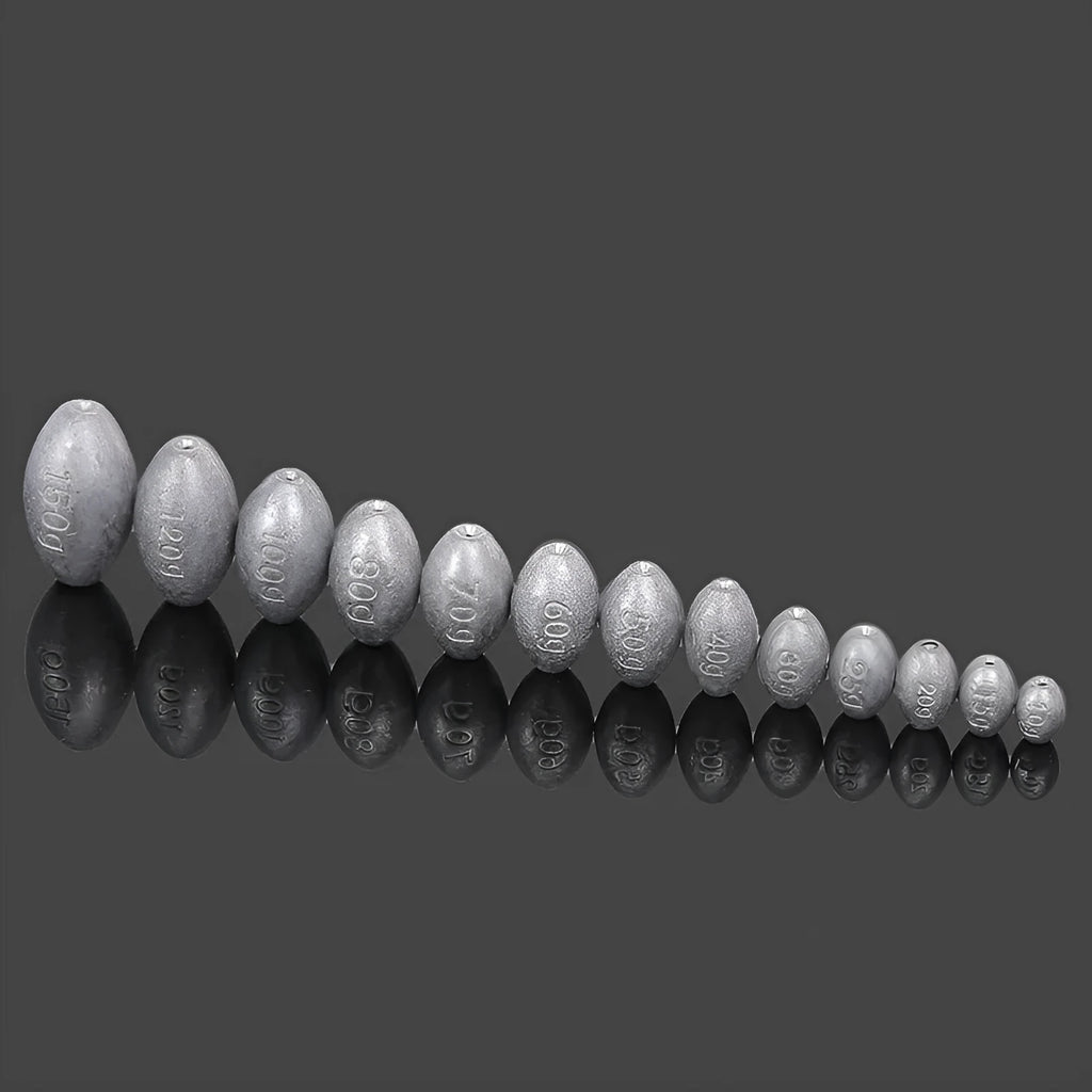Olive rugby-shaped fishing sinker with scaled texture and plastic core in various weights from 10g to 150g