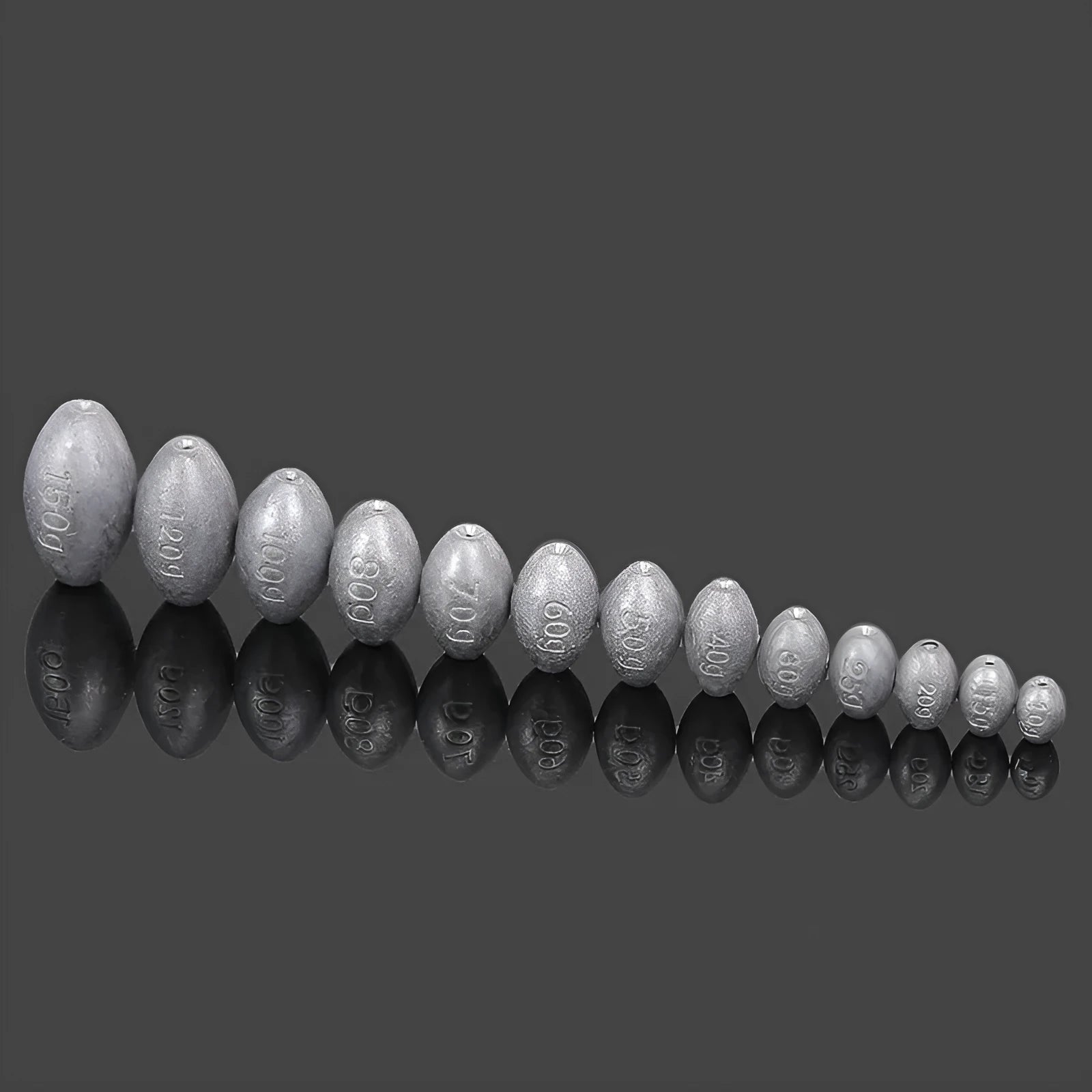 Olive rugby-shaped fishing sinker with scaled texture and plastic core in various weights from 10g to 150g
