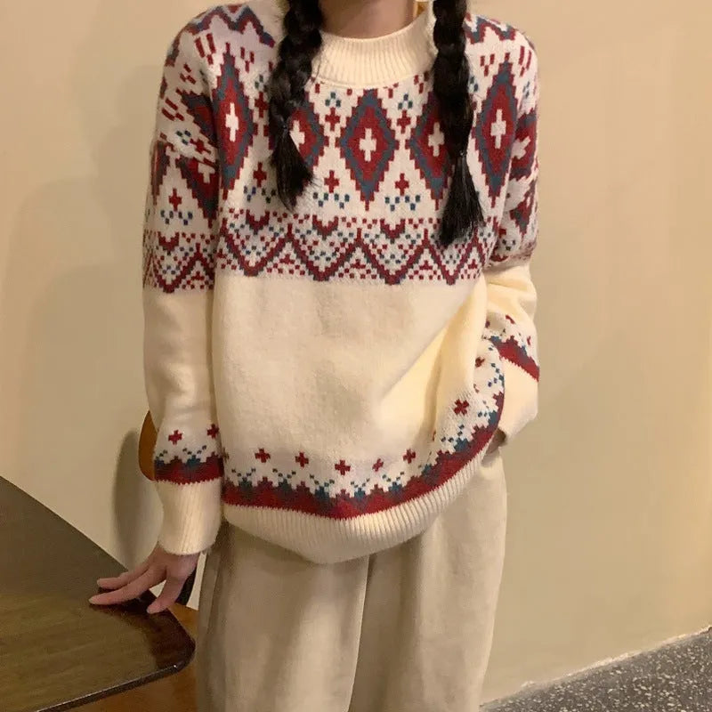 Loose retro striped knitted pullover top in polyester with long sleeves