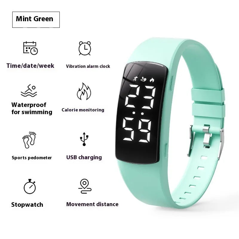 Vibration alarm smartwatch with LED display on a silicone strap, shown in a colour option.