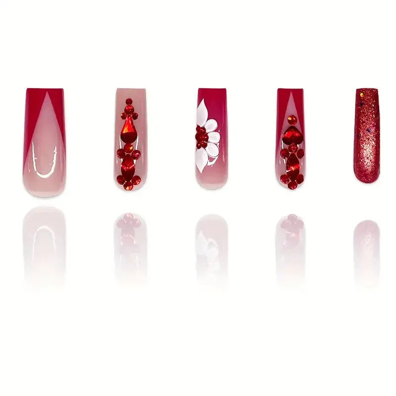 Sweet flowers and red diamond pattern on long European square removable false nails with glue and file.