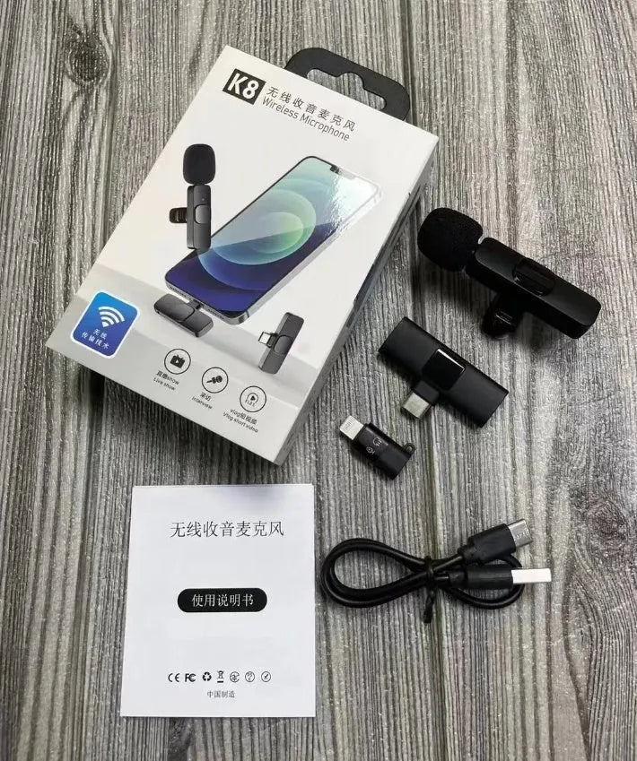Wireless collar clip lavalier microphone for outdoor video recording with multiple interface connection options