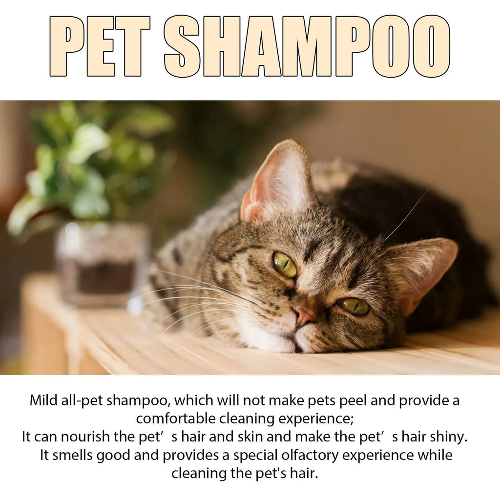 Mild pet shampoo bottle for dogs in 100ml and 300ml sizes for gentle coat cleaning and tangle prevention