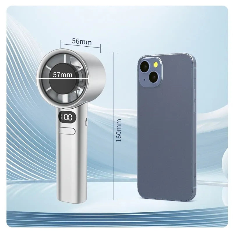 Handheld USB fan in green colour with plastic blades, showing variable speed control and 1800mAh capacity
